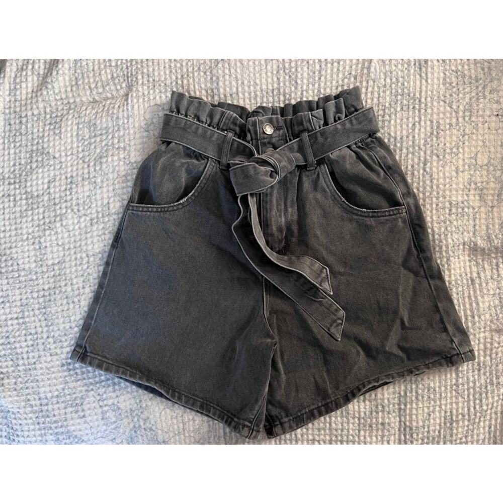 Vervet Black Denim Belted Paper Bag Elastic High Waist Shorts Size S Women's